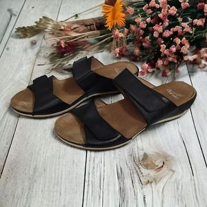 Dansko Vienna Wedge Sandal Black Full Grain Leather Double Strap Slides Size 40